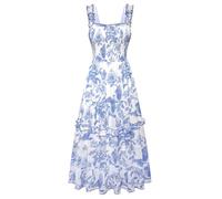 SCARLET DARKNESS Women Summer Floral Dress Square Neck Spaghetti Wedding Guest Cottagecore Dresses Blue Floral M