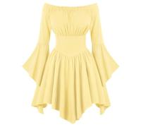 SCARLET DARKNESS Women Summer Mini Dresses Off Shoulder Long Sleeve Irregular Hem Medieval Renaissance Dress for Beach Party Light Yellow L