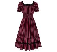 SCARLET DARKNESS Women Vertical Stripe Gothic Steampunk Lace Dress Short Sleeve A-Line Vintage Renaissance Midi Dresses for Halloween Christmas Party Cosplay Costume XXL