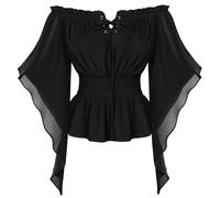 SCARLET DARKNESS Women Victoria Ruffle Blouse Elegant Long Pointed Sleeve Country Blouse Black L