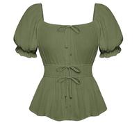 SCARLET DARKNESS Women Victorian Peplum Top Square Neck Renaissance Blouse Short Sleeve Elastic Waist Tops for Summer Cosplay Yellow-Green S