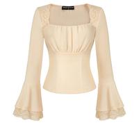 SCARLET DARKNESS Women Victorian Shirts Lace Patchwork Fairy Crop Top Long Sleeve Square Neck Blouse Apricot Casual Cottagecore Tops S