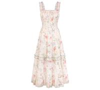 SCARLET DARKNESS Women Victorian Spaghetti Floral Dress Smocked Long Summer Casual Beach Dresses Apricot Pink Floral L