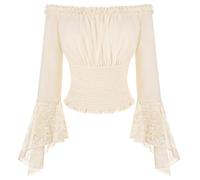 SCARLET DARKNESS Women's Apricot Off The Shoulder Blouse Smocked Waist Shirts Long Sleeve Lace Patchwork Pirate Tops S