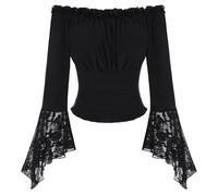 SCARLET DARKNESS Women's Black Off The Shoulder Blouse Smocked Waist Shirts Long Sleeve Lace Patchwork Pirate Tops S
