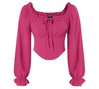 SCARLET DARKNESS Women's Bright Pink Corset Top Long Lantern Sleeve Blouse Smocked Shirts Square Collar Medieval Crop Top S