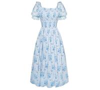 SCARLET DARKNESS Women's Cottagecore Dress Puff Sleeve Square Neck Flowy Smocked Maxi Dress, Blue Rose, L