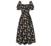 Scarlet Darkness Women's Cottagecore Dress Puff Sleeve Square Neck Flowy Smocked Maxi Dress, Nightfall Blossom, S
