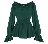 SCARLET DARKNESS Women's Dark Green Off Shoulder Blouse Off The Shoulder Shirts Long Sleeve Pirate Top Medieval Blouse S