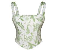 SCARLET DARKNESS Women's Floral Smocked Corset Square Neck Curved Hem Renaissance Corset Green Print on White M