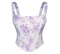 SCARLET DARKNESS Women's Floral Smocked Corset Square Neck Curved Hem Renaissance Corset Purple Print on White M