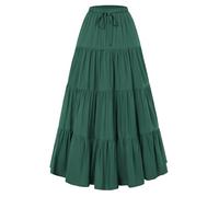 SCARLET DARKNESS Women's Flowy Boho Maxi Skirts Elastic Waist Drawstring A-Line Skirt Renaissance Tiered Long Skirts with Pockets Dark Green S