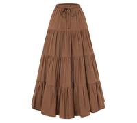 SCARLET DARKNESS Women's Flowy Boho Maxi Skirts Elastic Waist Drawstring A-Line Skirt Renaissance Tiered Long Skirts with Pockets Brown S