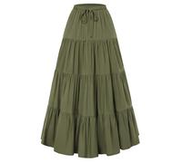 SCARLET DARKNESS Women's Flowy Boho Maxi Skirts Elastic Waist Drawstring A-Line Skirt Renaissance Tiered Long Skirts with Pockets Olive Green XXL