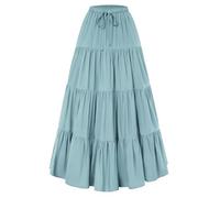 SCARLET DARKNESS Women's Flowy Boho Maxi Skirts Elastic Waist Drawstring A-Line Skirt Renaissance Tiered Long Skirts with Pockets Light Blue XXL