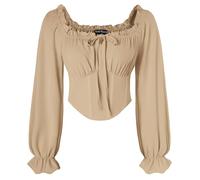 SCARLET DARKNESS Women's Khaki Corset Top Long Lantern Sleeve Blouse Smocked Waist Shirts Square Collar Medieval Crop Top S