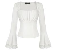 SCARLET DARKNESS Women's Lace Blouses Vintage Peasant Tops Y2K Ruched Bust Corset Top White Medieval Party Cosplay Gothic Shirts M