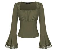 SCARLET DARKNESS Women's Long Sleeve Medieval Blouses Halloween Christmas Gothic Costume Square Neck Slim Fit Lace Tops Olive Green XL