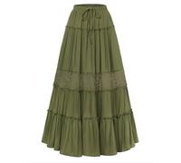 SCARLET DARKNESS Women's Maxi Skirt Renaissance Lace Patchwork Flowy Long Skirts Drawstring Elastic Waist A-Line Skirt with Pockets Olive Green S