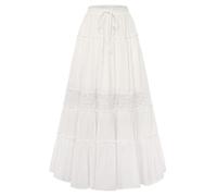 SCARLET DARKNESS Women's Maxi Skirt Renaissance Lace Patchwork Flowy Long Skirts Drawstring Elastic Waist A-Line Skirt with Pockets White XL