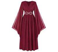 SCARLET DARKNESS Women's Medieval Dress Lace-up Long Bell Sleeves High Waist Renaissance Maxi Dresses Wine XXL