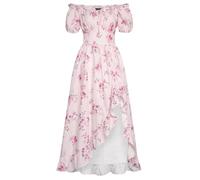 SCARLET DARKNESS Women's Medieval Ruffle Dress Short Sleeve Square Neck A-line Floral Dress with Pockets Red Print on Pink L