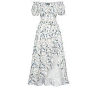 SCARLET DARKNESS Women's Medieval Ruffle Dress Short Sleeve Square Neck A-line Floral Dress with Pockets Blue Floral Print on White L