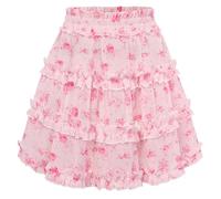 SCARLET DARKNESS Women's Mini Skirt Floral Summer Ruffled Hem Skirts Elastic Waist Chiffon Skirts Pink Floral S