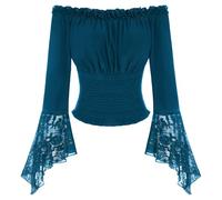 SCARLET DARKNESS Women's Off The Shoulder Blouse Smocked Waist Shirts Long Sleeve Lace Patchwork Pirate Tops Blue Green S