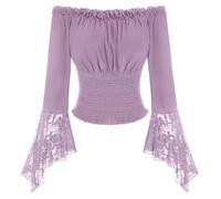 SCARLET DARKNESS Women's Off The Shoulder Blouse Smocked Waist Shirts Long Sleeve Lace Patchwork Pirate Tops Light Purple S