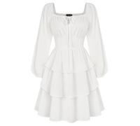 SCARLET DARKNESS Women's Renaissance Corset Dress Lantern Sleeve Peasant Dress with Pockets White M