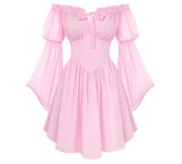 SCARLET DARKNESS Women's Renaissance Corset Dress Summer Off Shoulder Mini Dresses Chiffon Long Sleeve Flowy Fairy Dress Light Pink L