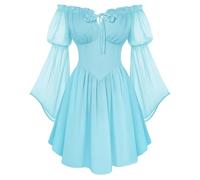 SCARLET DARKNESS Women's Renaissance Corset Dress Summer Off Shoulder Mini Dresses Chiffon Long Sleeve Flowy Fairy Dress Light Blue L