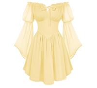 SCARLET DARKNESS Women's Renaissance Corset Dress Summer Off Shoulder Mini Dresses Chiffon Long Sleeve Flowy Fairy Dress Light Yellow L