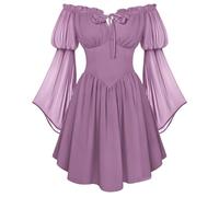 SCARLET DARKNESS Women's Renaissance Corset Dress Summer Off Shoulder Mini Dresses Chiffon Long Sleeve Flowy Fairy Dress Light Purple L