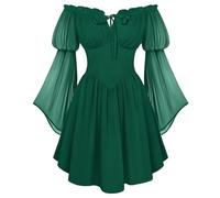 SCARLET DARKNESS Women's Renaissance Corset Dress Summer Off Shoulder Mini Dresses Chiffon Long Sleeve Flowy Fairy Dress Dark Green S