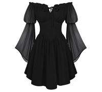 SCARLET DARKNESS Women's Renaissance Corset Dress Summer Off Shoulder Mini Dresses Chiffon Long Sleeve Flowy Fairy Dress Black S