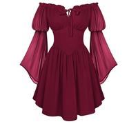 SCARLET DARKNESS Women's Renaissance Corset Dress Summer Off Shoulder Mini Dresses Chiffon Long Sleeve Flowy Fairy Dress Wine L