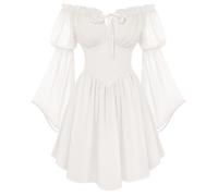 SCARLET DARKNESS Women's Renaissance Corset Dress Summer Off Shoulder Mini Dresses Chiffon Long Sleeve Flowy Fairy Dress White XL