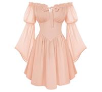 SCARLET DARKNESS Women's Renaissance Corset Dress Summer Off Shoulder Mini Dresses Chiffon Long Sleeve Flowy Fairy Dress Coral Pink L