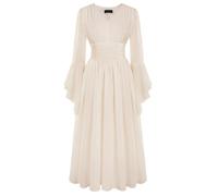 Scarlet Darkness Women's Renaissance Costume V Neck Bell Sleeve Medieval Fairycore Dress Beige L