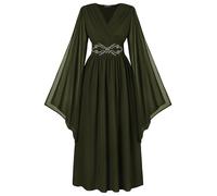 Scarlet Darkness Women's Renaissance Costume Wrap V Neck Medieval Dress Split Bell Sleeve Embroidery Fairy Dresses, Olive Green, Small