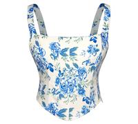SCARLET DARKNESS Women's Renaissance Floral Corset Square Neck Smocked Traditional Corset Blue Print on Beige 2XL