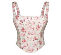 SCARLET DARKNESS Women's Renaissance Floral Corset Square Neck Smocked Traditional Corset Pink Print on White 2XL