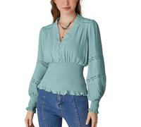 Scarlet Darkness Women's Renaissance Peasant Blouse V Neck Lantern Sleeve Lace Smocked Tops, Baby Blue, L