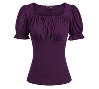 Scarlet Darkness Women's Renaissance Shirt Puff Sleeve Square Neck Peasant Tops, Eggplant, L