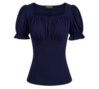 Scarlet Darkness Women's Renaissance Shirt Puff Sleeve Square Neck Peasant Tops, Navy, M