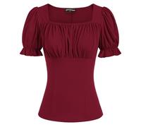 Scarlet Darkness Women's Renaissance Shirt Puff Sleeve Square Neck Peasant Tops, Vine Red, S