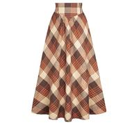SCARLET DARKNESS Womens Retro Elastic High Waist Cottagecore Renaissance Maxi Skirt Lacing A-Line Vintage Medieval Plaid Long Skirt Deep Brown M