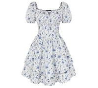 SCARLET DARKNESS Women's Summer Corset Dress Puff Sleeves Floral Short Dress Mini A-line Dresses for Beach White M